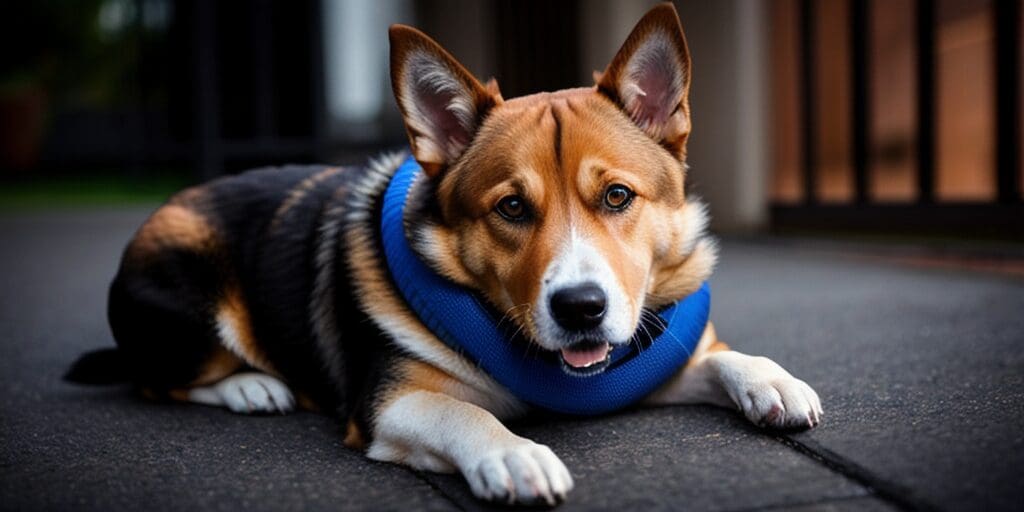 A cute corgi dog wearing a blue collar is lying on the ground and looking at the camera.