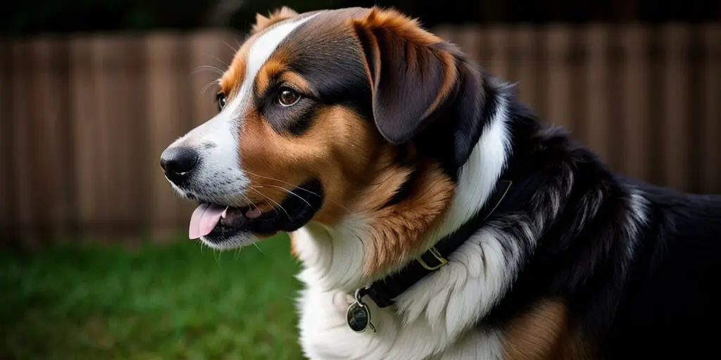 A close-up portrait of a happy, brown and white Australian Shepherd dog with a black nose and dark brown eyes. The dog is wearing a black collar with a tag and is standing in front of a blurred background of grass and a wooden fence.