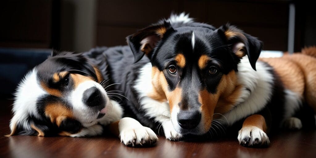 Two Australian shepherd dogs laying on a wooden floor next to each other. The dog on the left is black, white, and tan. The dog on the right is black, tan, and white.