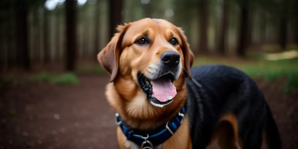 A brown and black dog with a blue collar is standing in the woods. The dog is looking to the right of the frame and has its mouth open and its tongue hanging out. The background of the image is blurry and consists of trees and leaves.