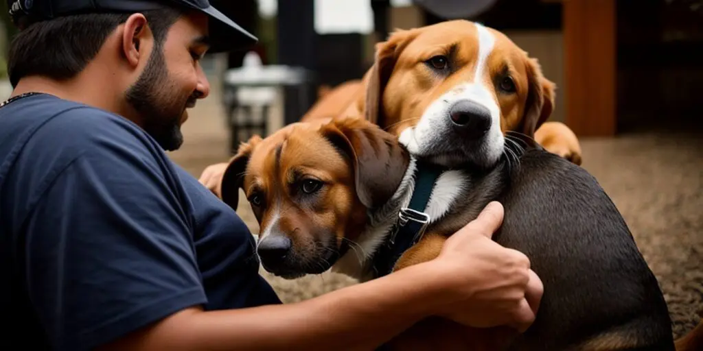 A man wearing a black shirt and black hat is hugging two dogs. The dogs are both brown and white. The man has his hand around the neck of one dog and is holding the other dog close to him. The dogs are looking at the man.
