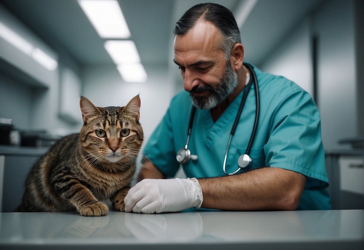 A Turkish veterinarian administers advanced care to a content feline patient in a modern clinic setting