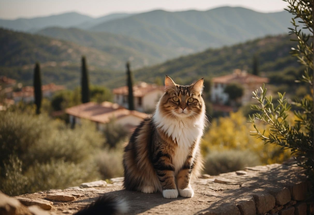 Several cats roam through a picturesque Turkish countryside, with rolling hills, olive groves, and traditional red-roofed houses in the background
